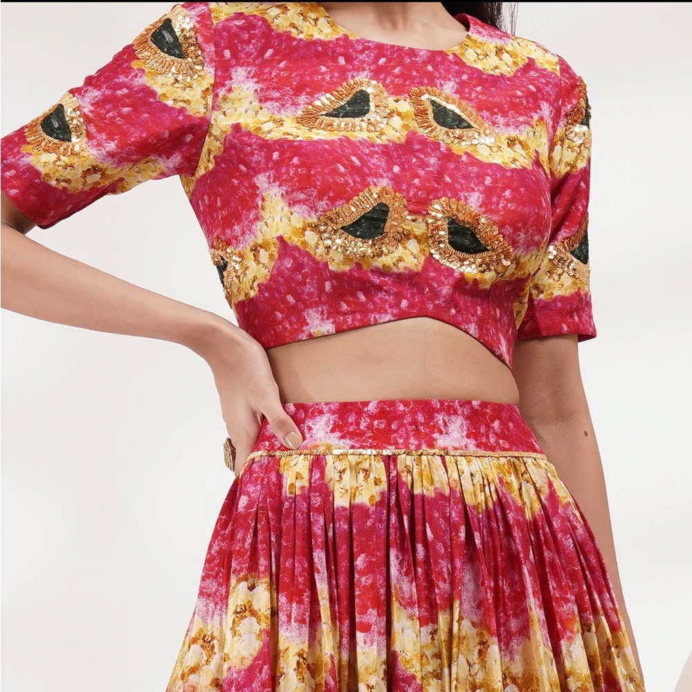 Vibrant Women's Lehenga Skirt Set in Red and Yellow - Picture 3 of 5